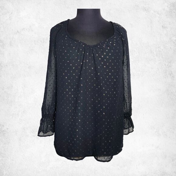 Lane Bryant Black Sheer Blouse 14/16 – Plus Size Metallic Dot Long Sleeve Top - Picture 2 of 6